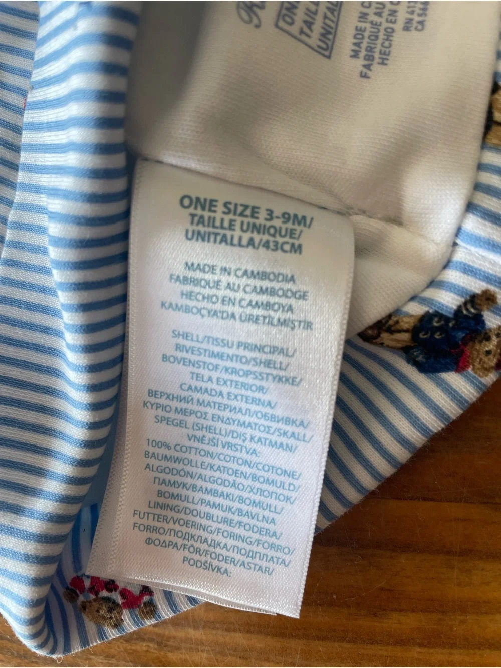Ralph Lauren Baby Blue Stripe Bear Print Beanie Hat, One Size 3-9 mo. Cotton